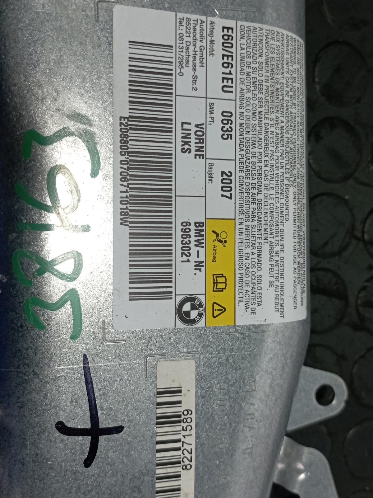 Recambio de AIRBAG LATERAL DELANTERO IZQUIERDO para BMW SERIE 5 BERLINA (E60) 523 I N53B25A referencia OEM IAM 6963021 - NEGRO 5