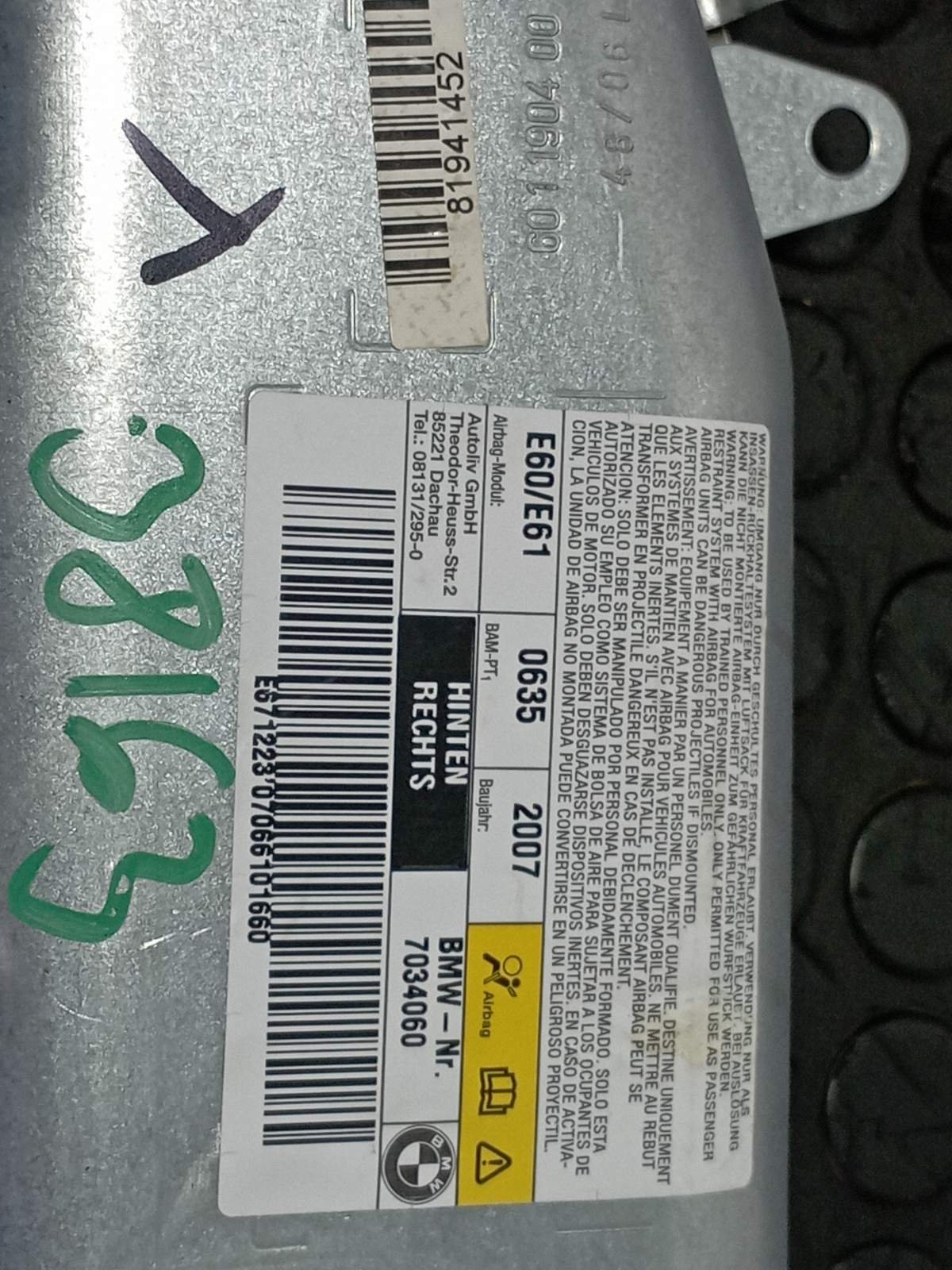 Recambio de AIRBAG CORTINA TRASERO DERECHO para BMW SERIE 5 BERLINA (E60) 523 I N53B25A referencia OEM IAM 7034060 - NEGRO 4